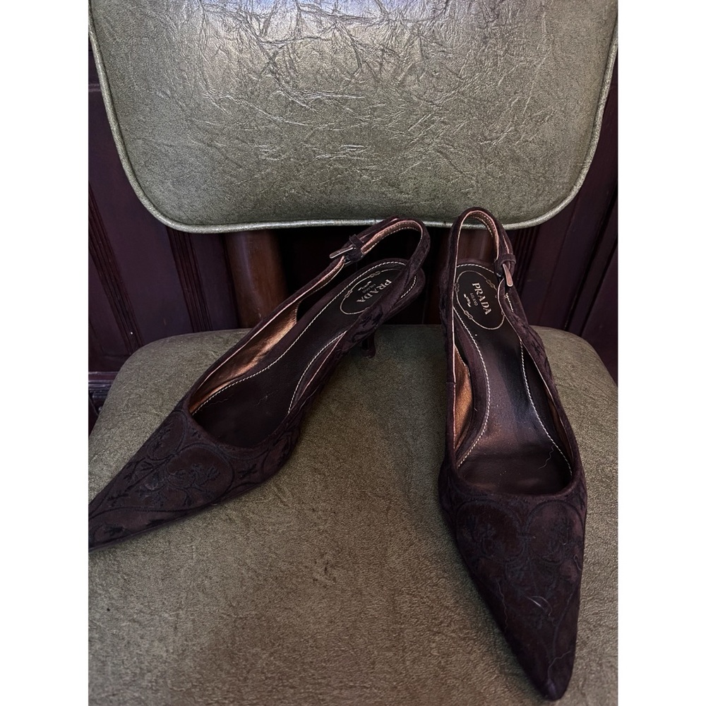 Prada Brown Pointed Toe Slingback Kitten Heels